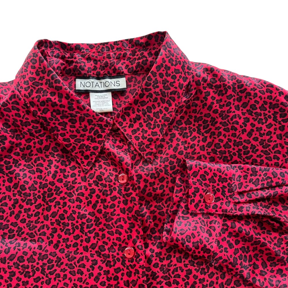 Notations Womens L Red Black Leopard Animal Print Long Sleeve Button Down Blouse